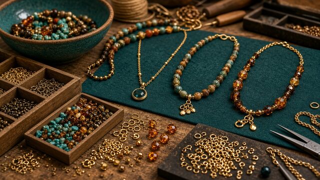 Jewelry making bench with beads, metals, and finished pieces