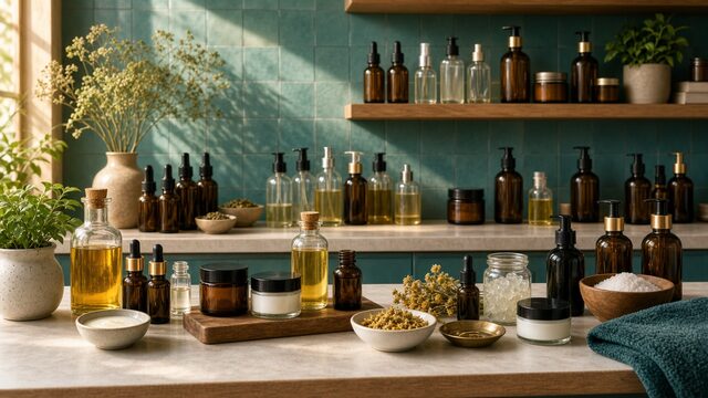 Bath and beauty making bench with oils, jars, and finished bottles