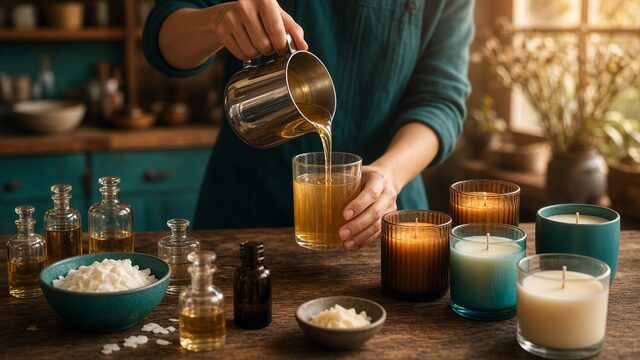 Candle making with wax, vessels, and finished candles