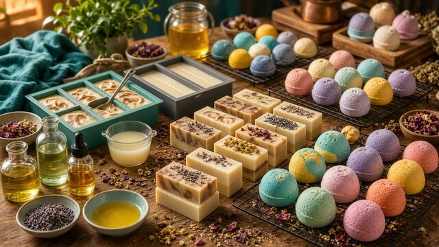 Soap and bath bomb making with oils, molds, and finished bars