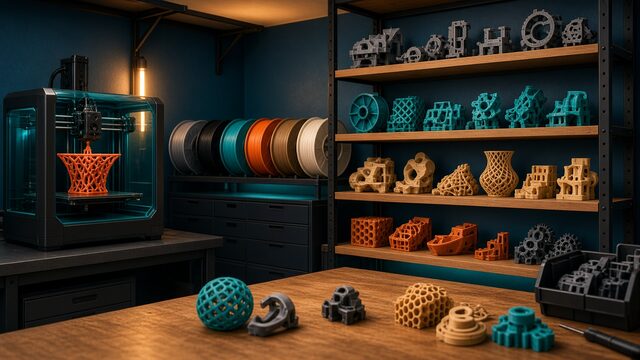3D print shop with filament and finished printed parts