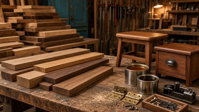 Woodworking bench with lumber, hardware, and finished pieces