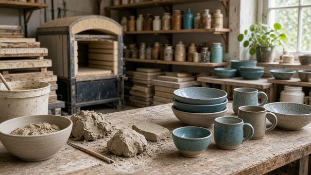 Pottery studio with clay, glaze, and finished ware