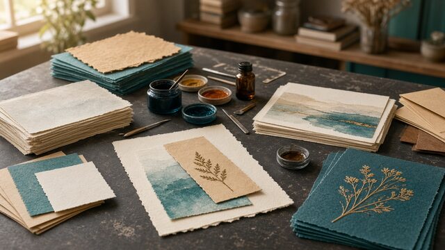 Stationery studio with paper, ink, and finished prints