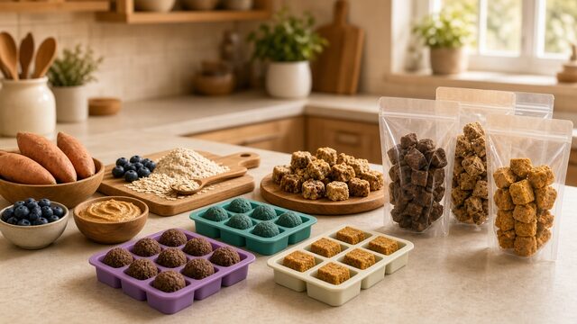 Pet treats kitchen with ingredients and finished packs