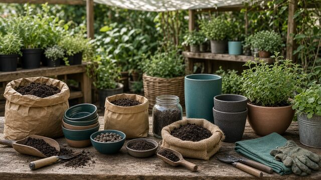 Garden goods workshop with pots, soil, and finished plants