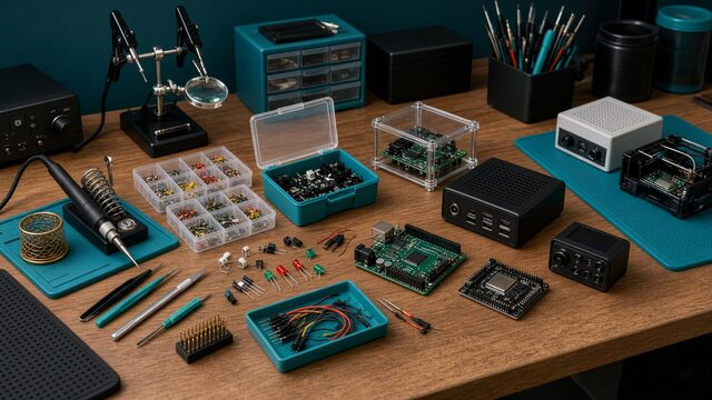 Electronics hobby bench with components and finished kits