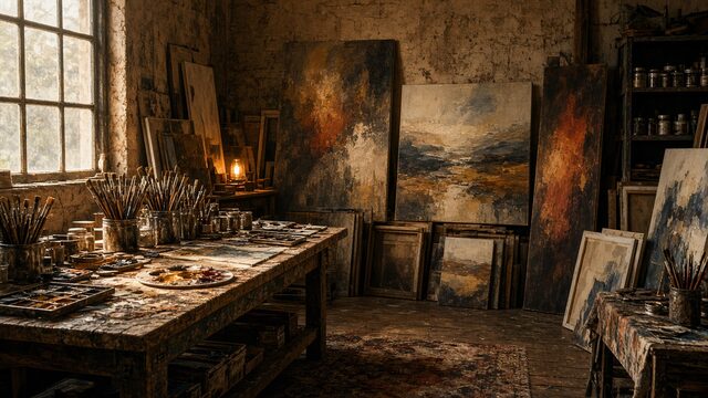 Art studio with materials and finished paintings