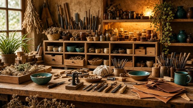 Specialty craft bench transforming materials into finished goods