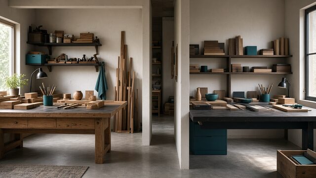 Two maker workshop benches across connected locations
